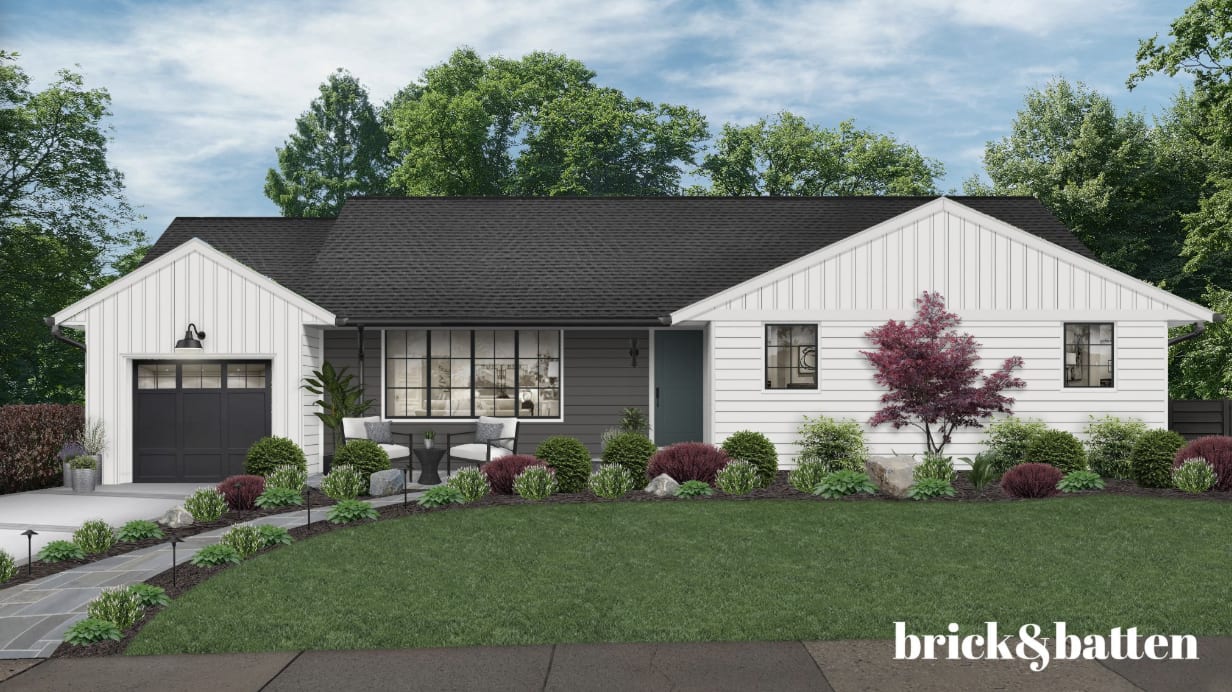 A home with a classic paneled door, virtually designed by b&b.