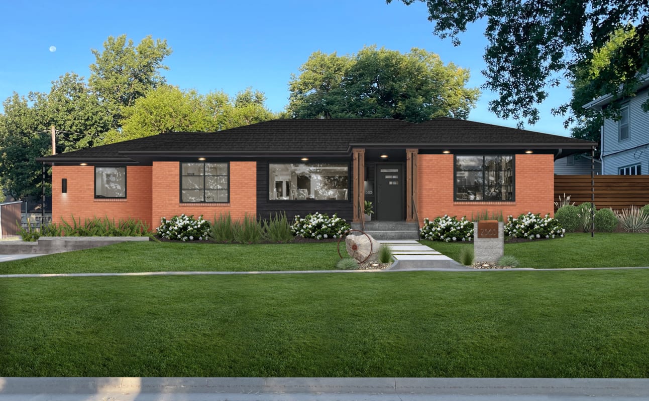 Red brick ranch home with near black cladding and accents
