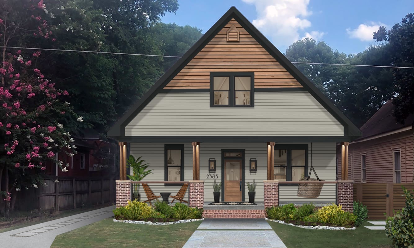 Virtual exterior design of a home with a large front porch and two seating areas