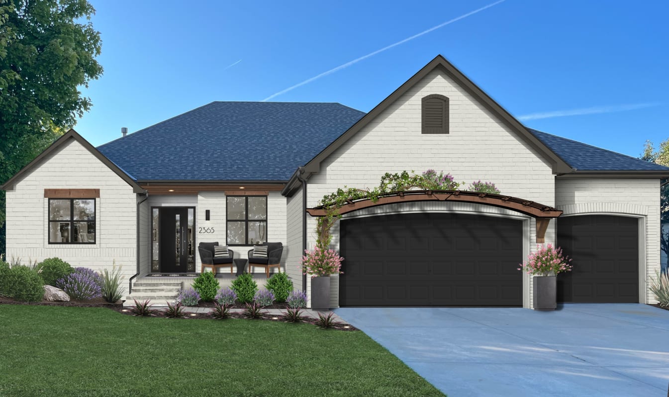 A rendering of a painted brick home with a garage pergola