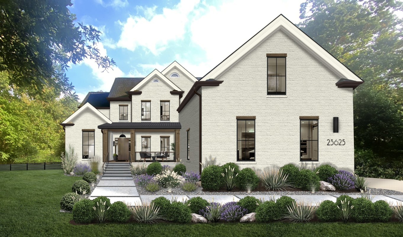 White brick home with wood architectural accents