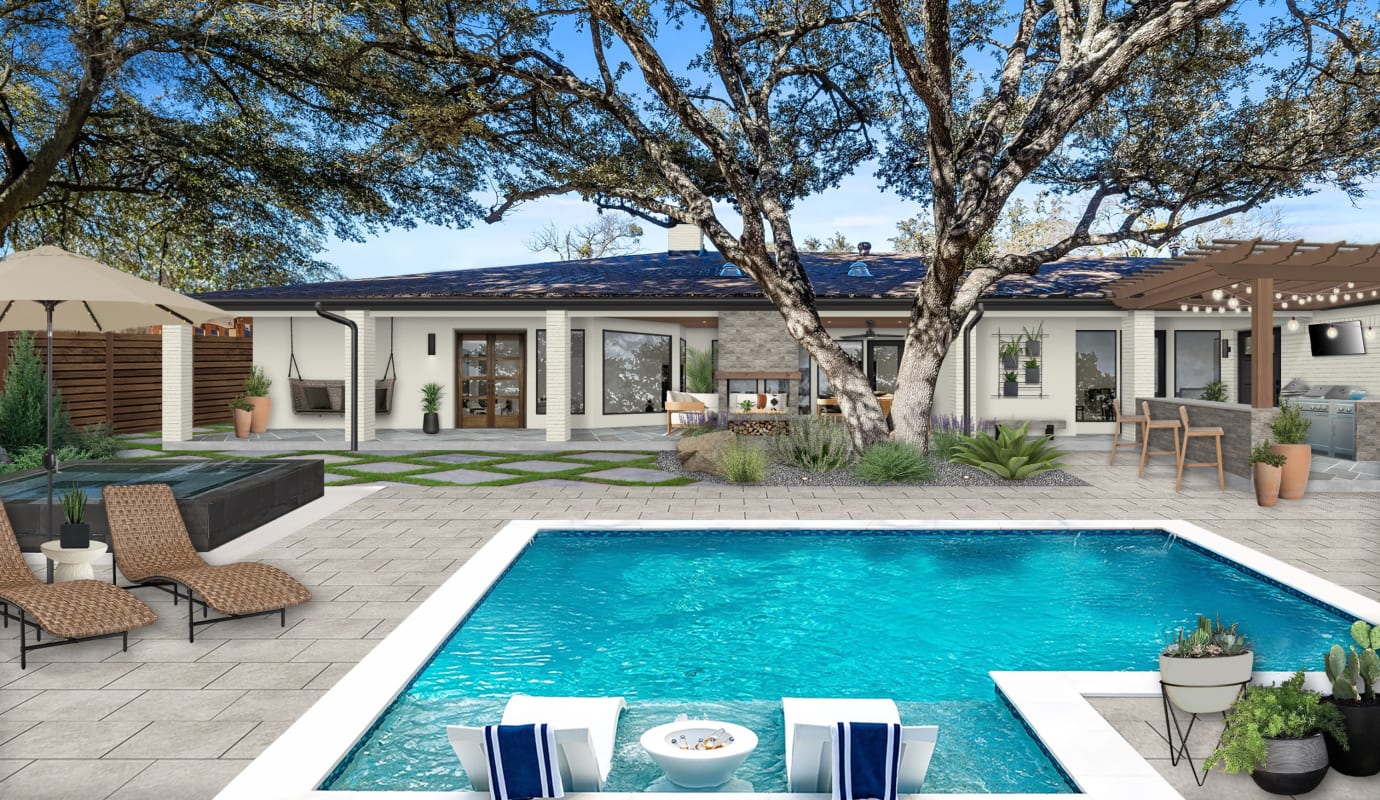 Outdoor living area with pool, designed by brick&batten.
