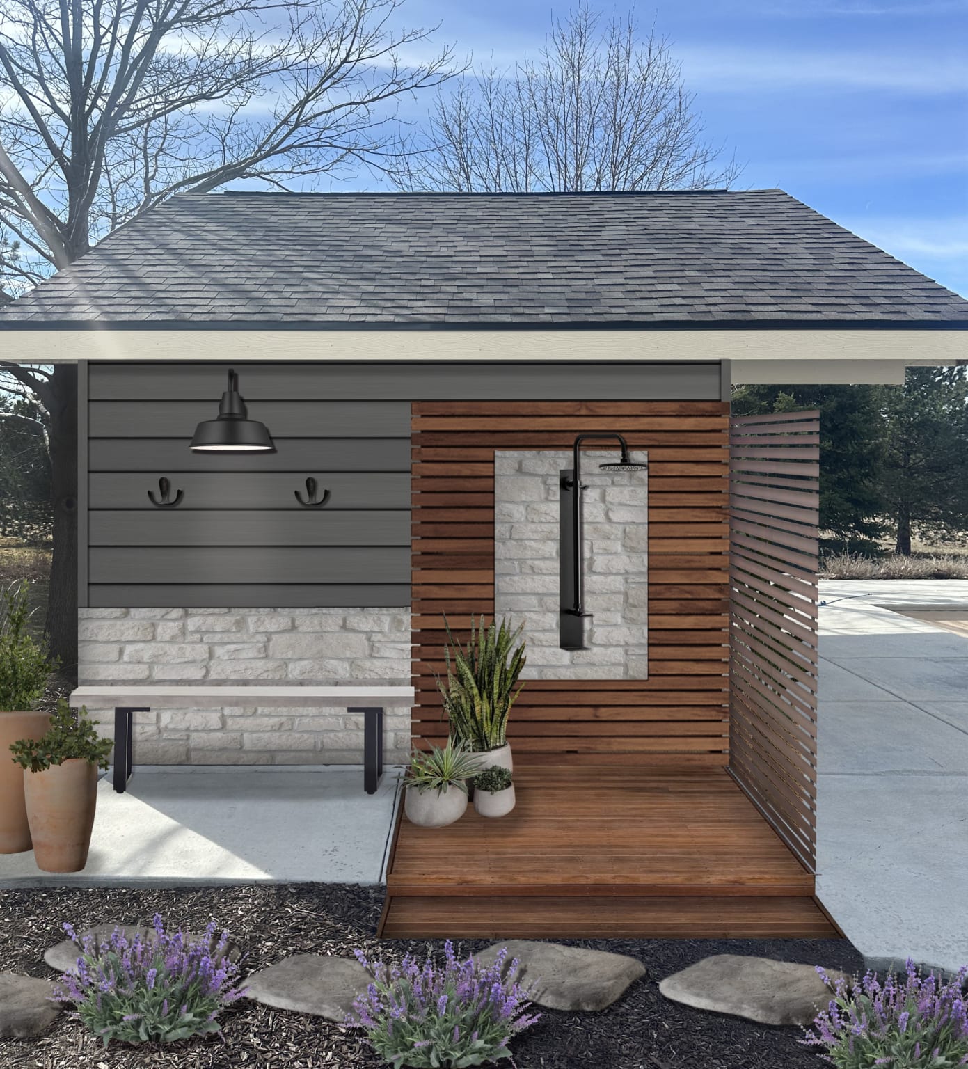 A rendering of a pool house with an outdoor shower