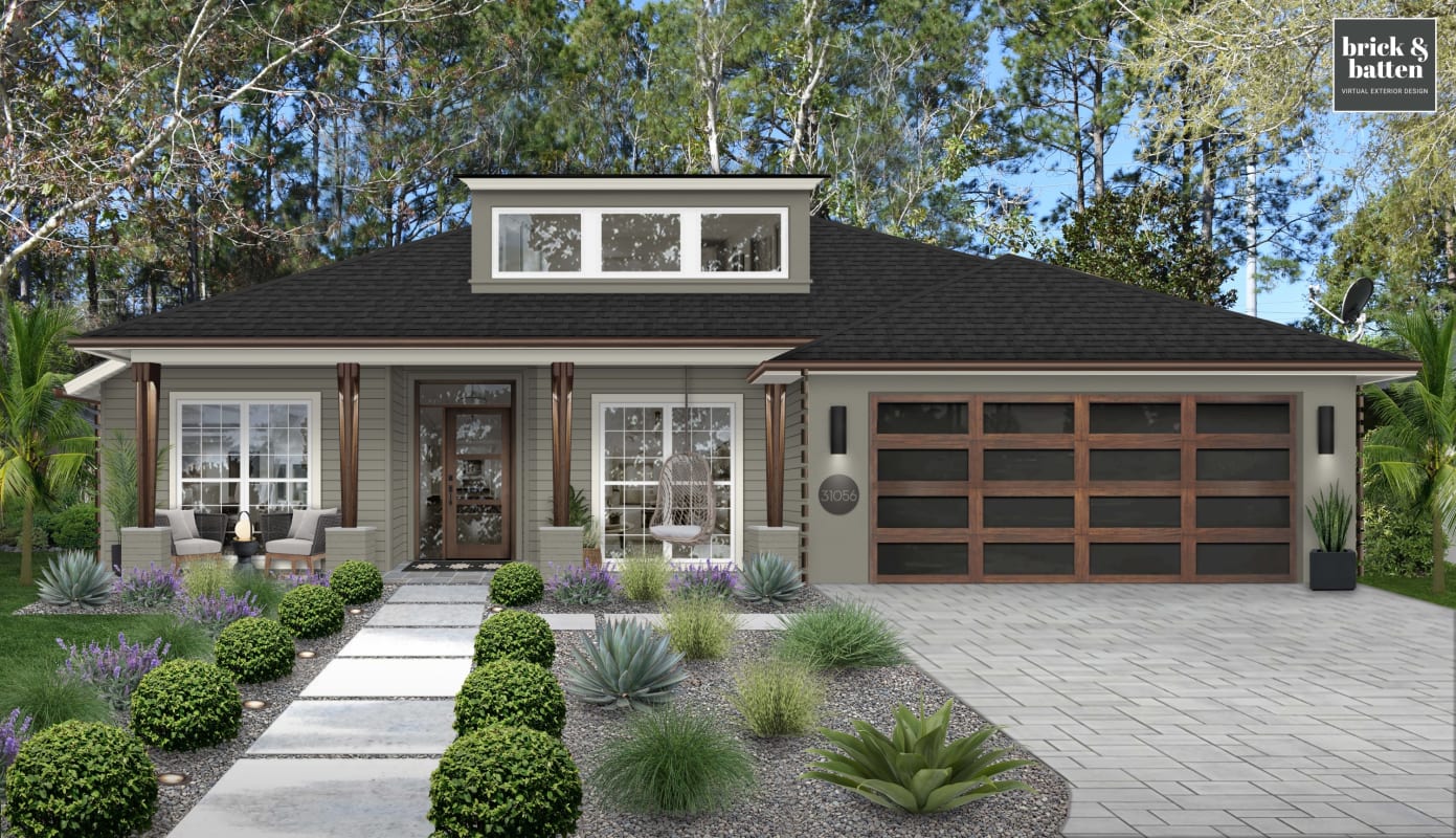 Coastal front yard using hardscape ideas to balance it.