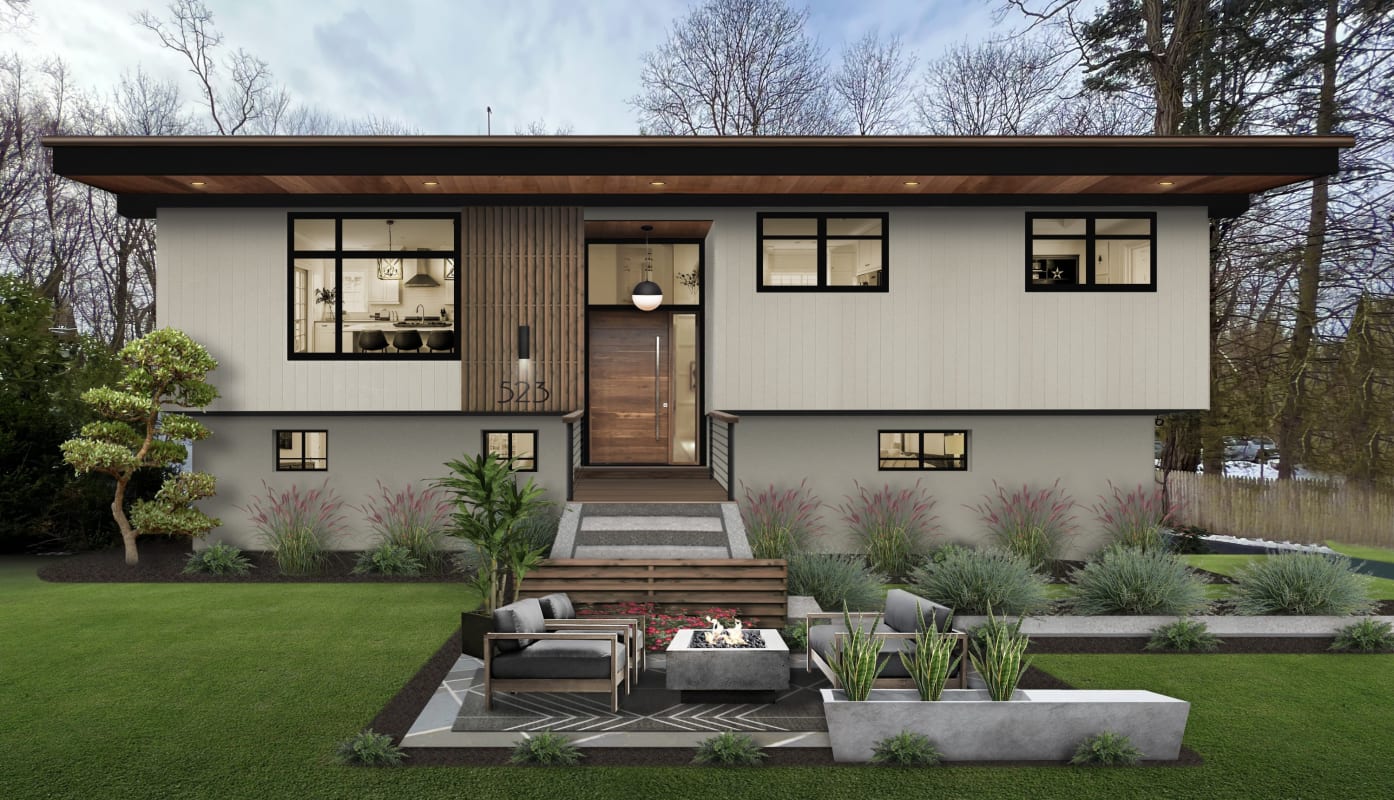 A home that epitomizes the Japandi design style, with greige siding and natural, minimalist design elements