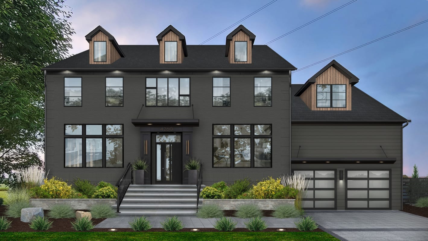 Transitional gray brick house with dormers