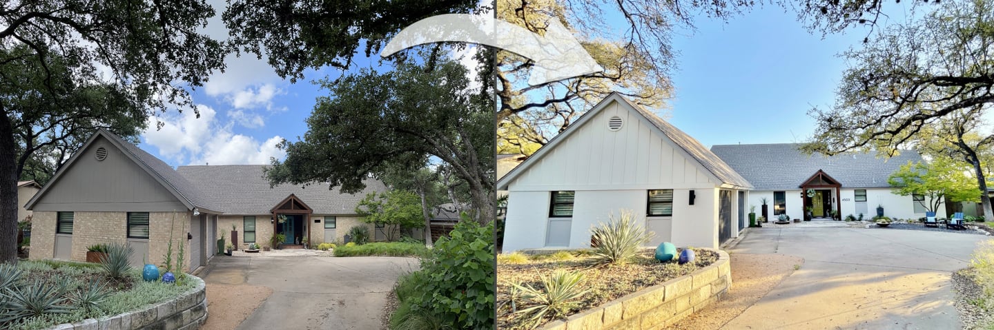 Before and after of a white-painted brick home