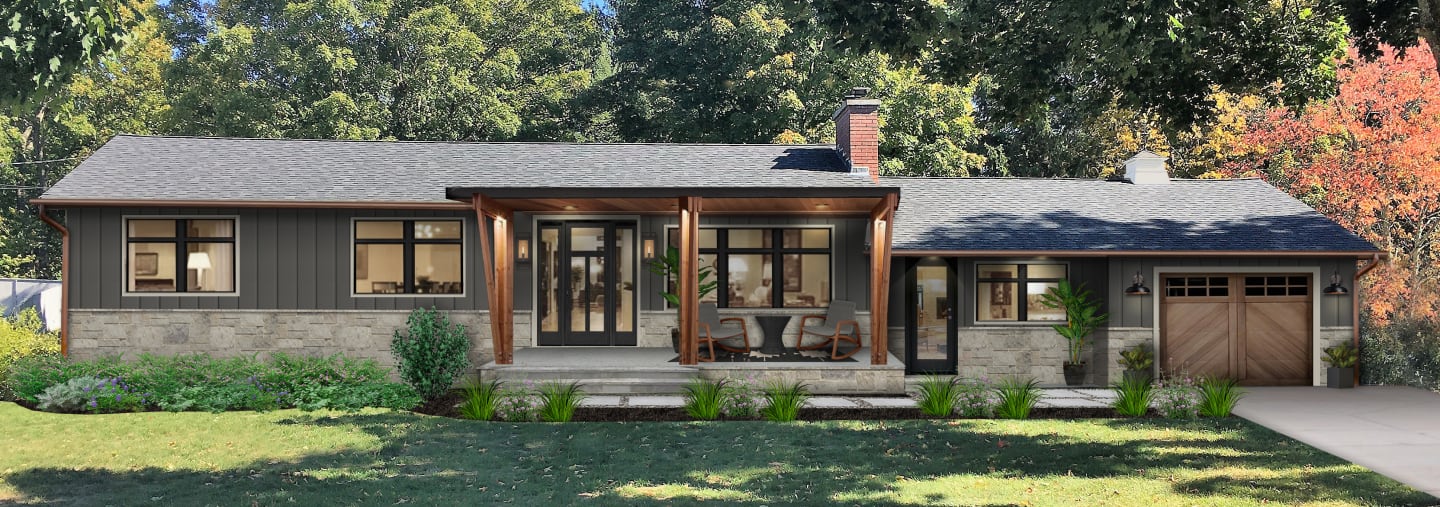 Virtual exterior design of a home with a front porch awning, porch furniture, and great containers for plants