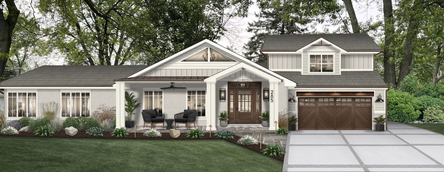 A home rendered in one of the best exterior house colors 2023: Agreeable Gray by Sherwin Williiams