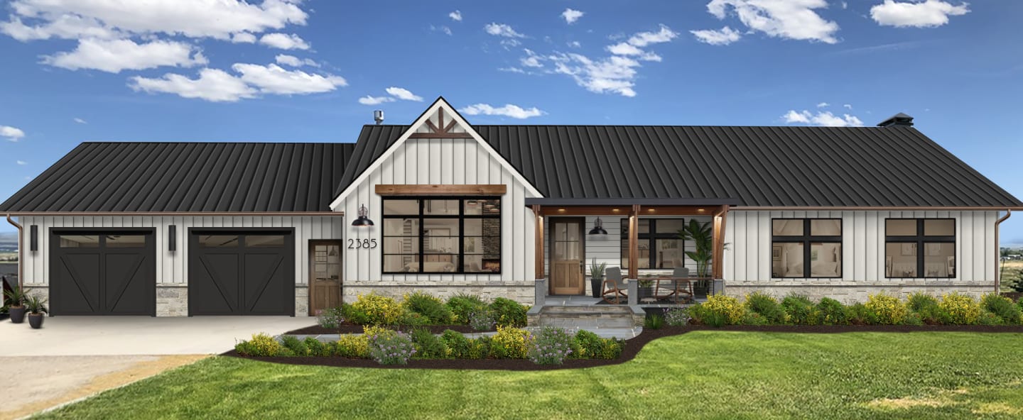 Virtual rendering of a home with white siding and black trim