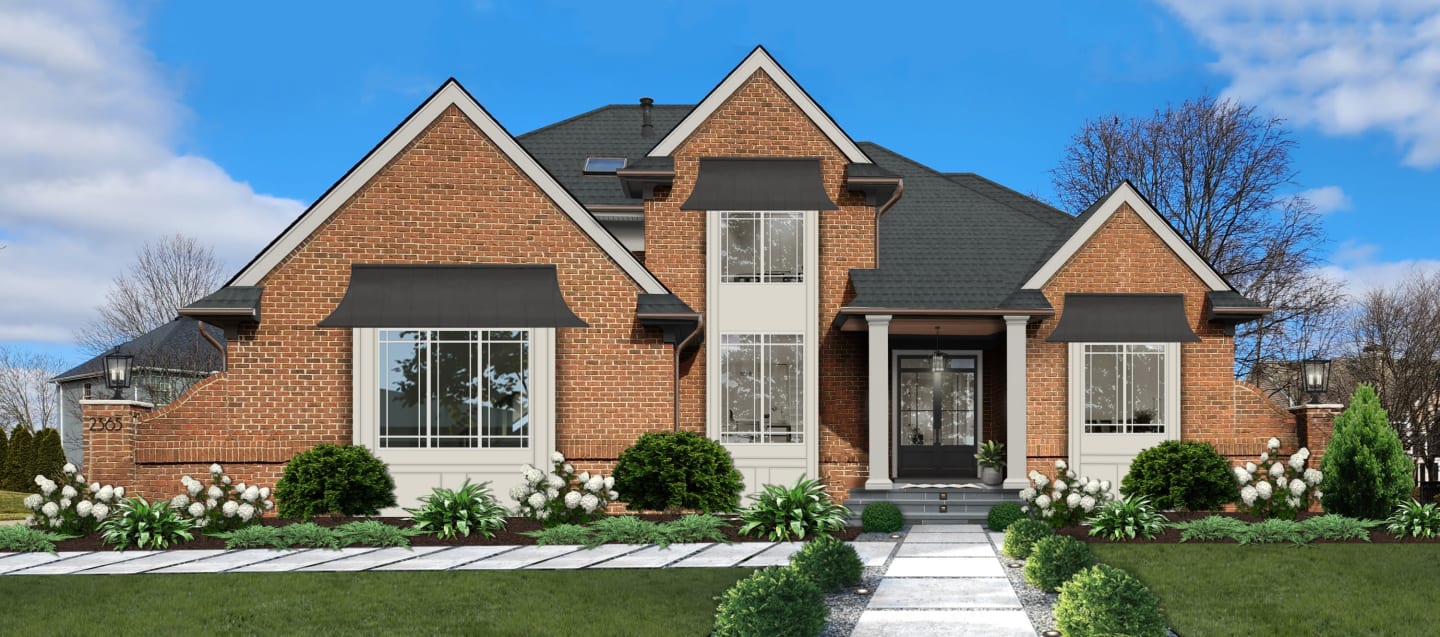 A rendering of a brick home with light colored fascia and soffit
