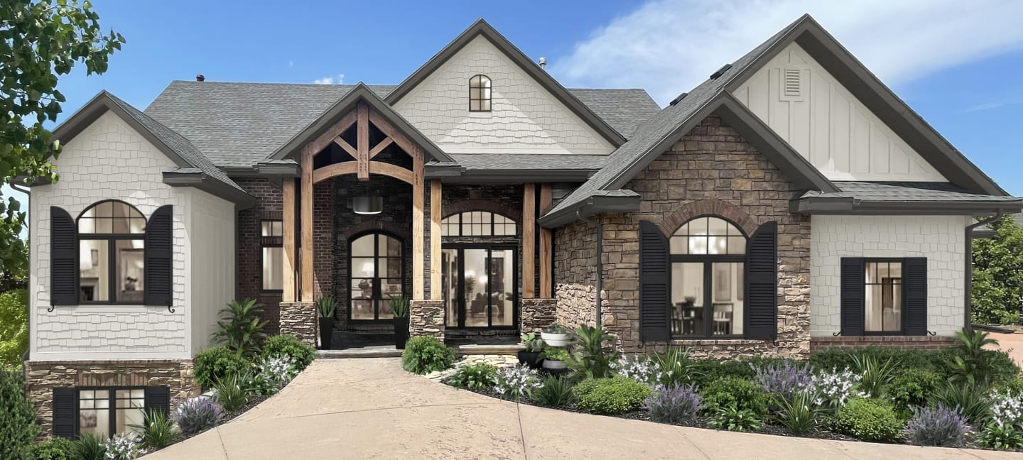 Virtual exterior design of a rustic home featuring stone and wood accents