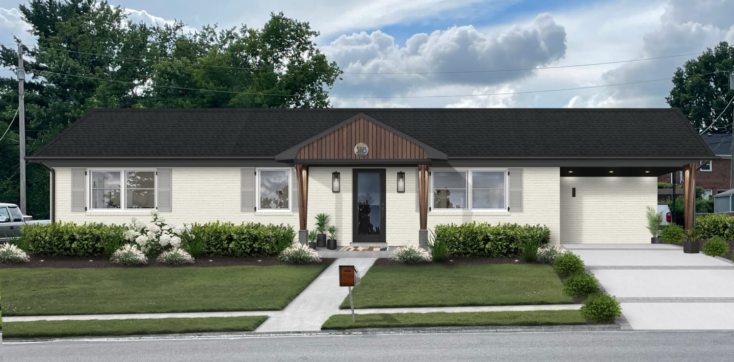 A rendering of a home featuring one of brick&batten's go-to Home Depot exterior doors