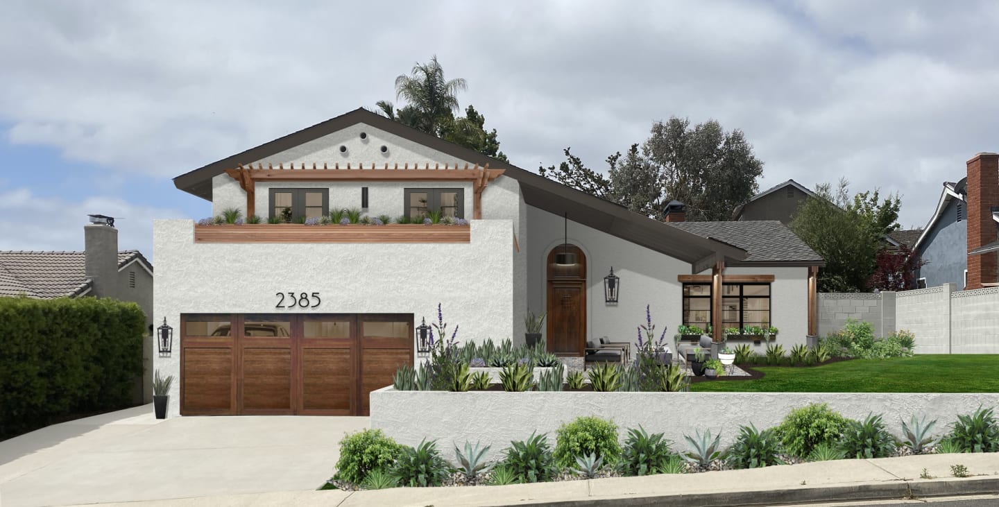 Virtual exterior design of a Spanish style home painted in Olympic Mountains