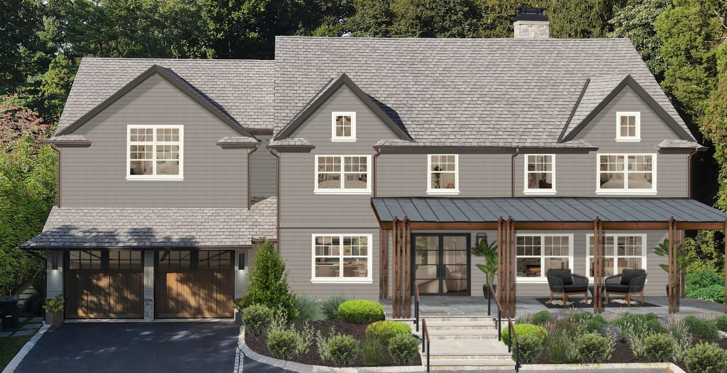 Transitional two-story home with siding rendered in Sherwin Williams' Dorian Gray