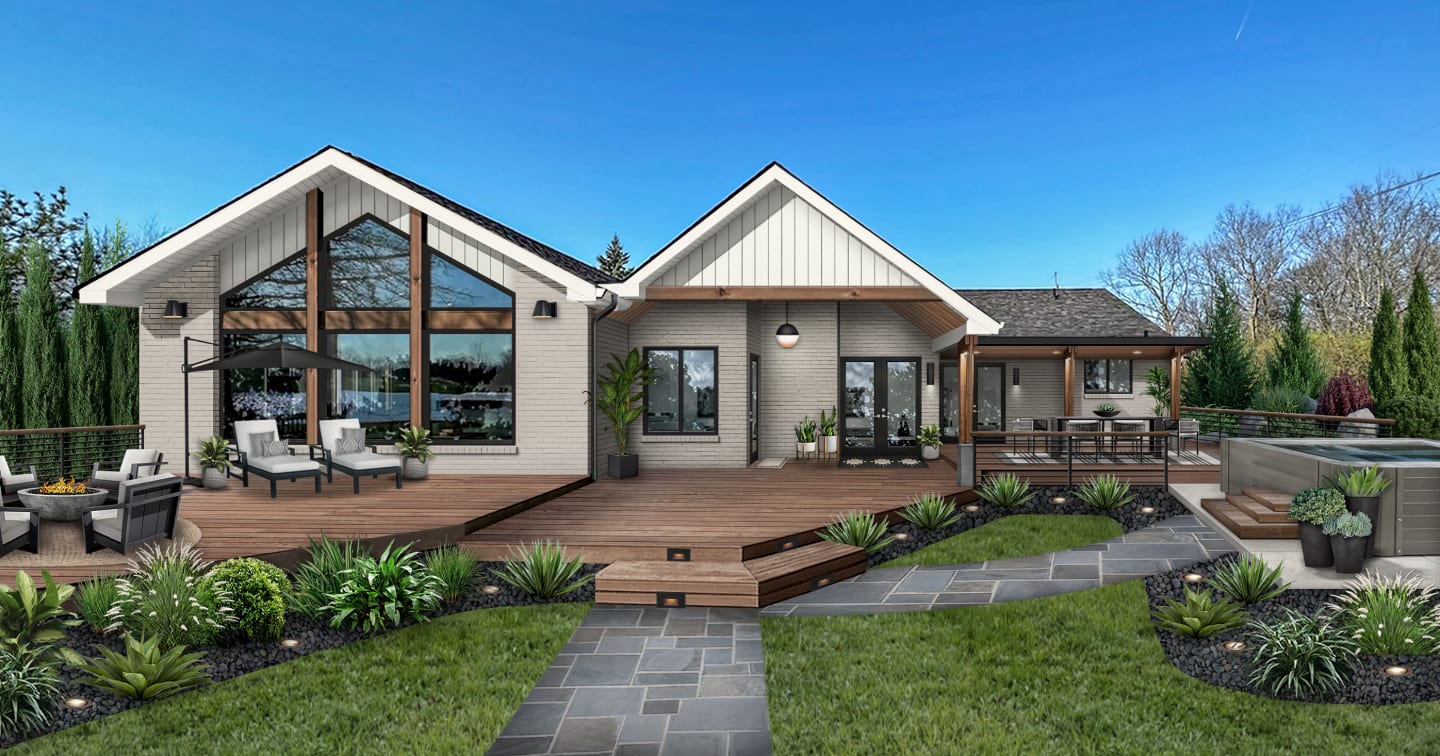 Rear exterior design of a home with a multi-level deck