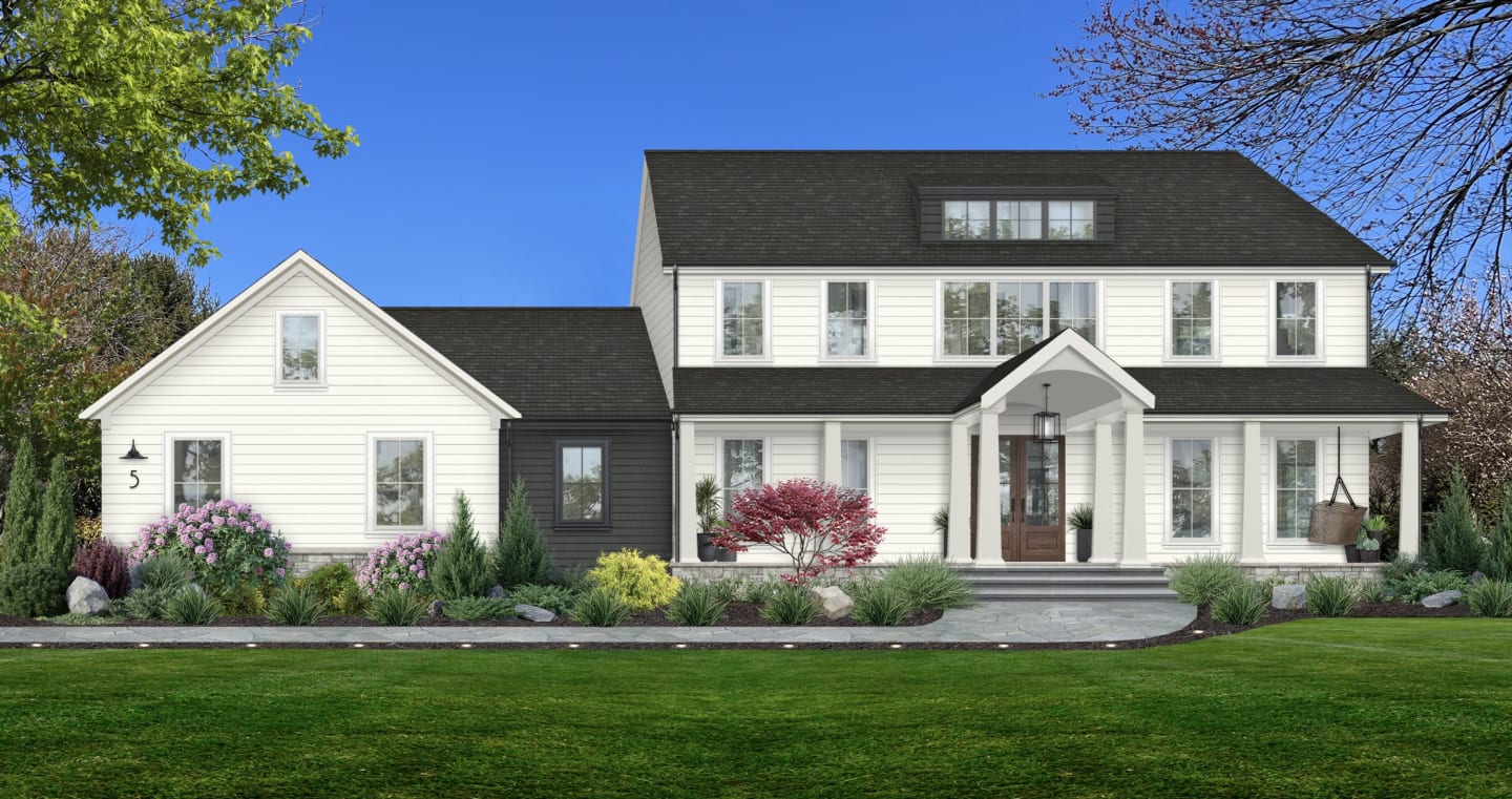 Exterior design of a white two-story home with black accents