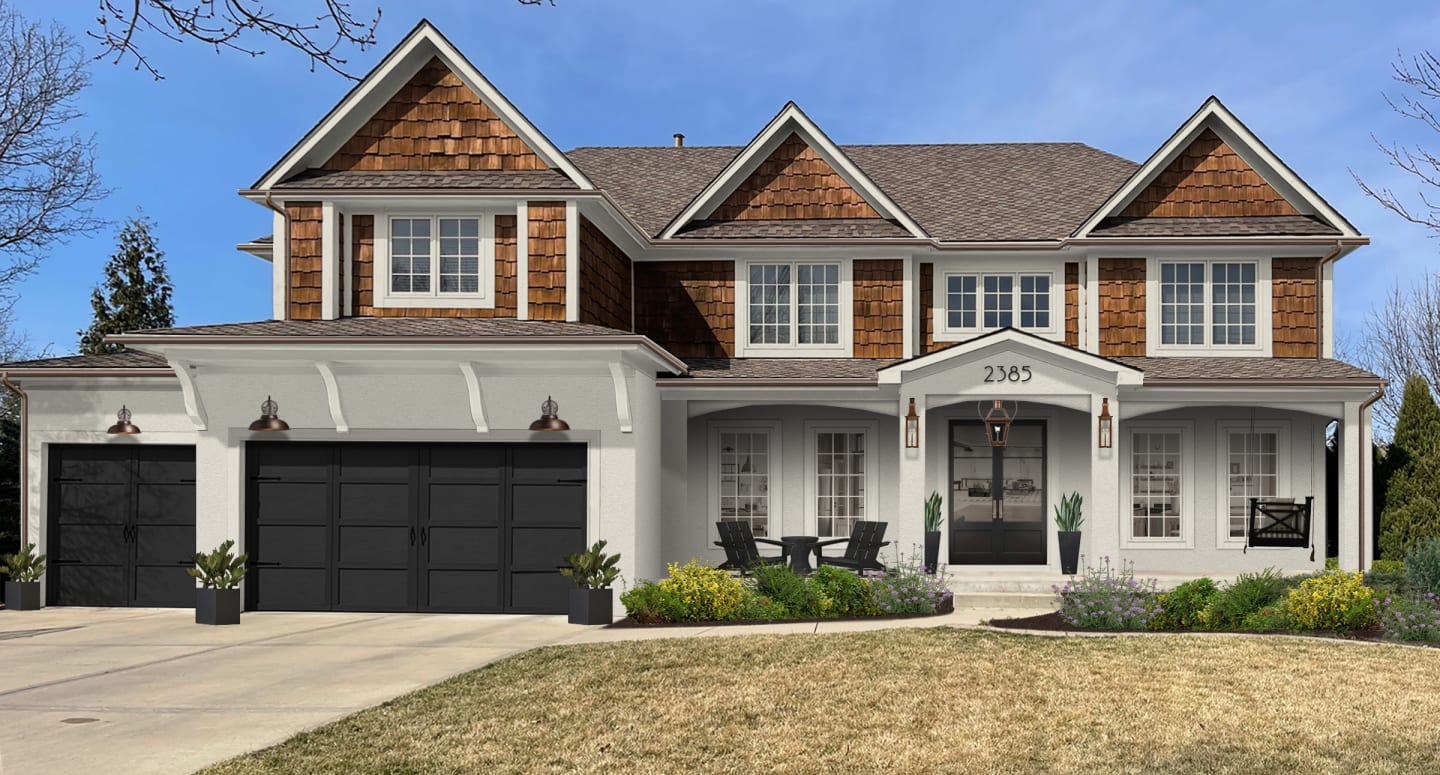 Virtual exterior design of a transitional farmhouse home with the garage painted in Tricorn Black