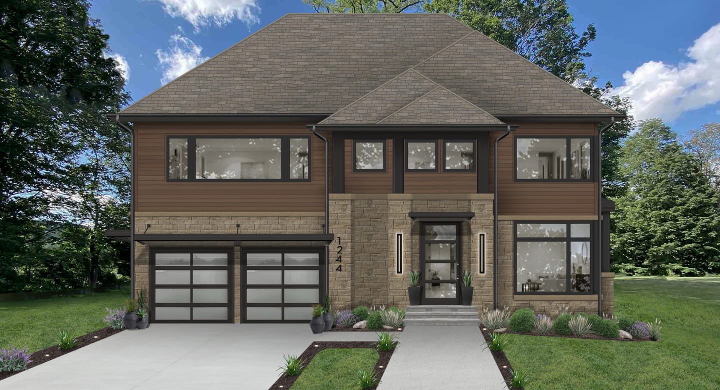 A rendering of a home with exterior wood siding