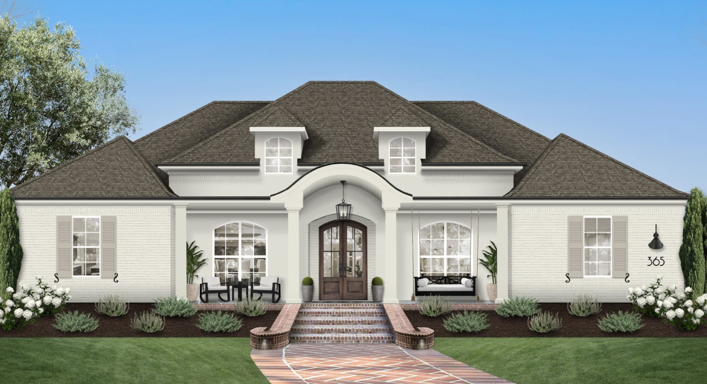 A rendering of a home exterior with a quiet luxury aesthetic