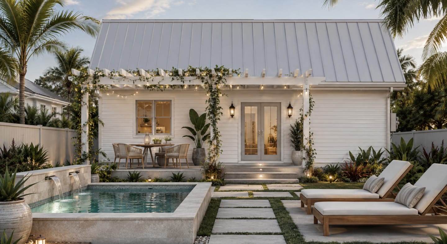 A cozy modern home with a lit pergola and a marble plunge pool.