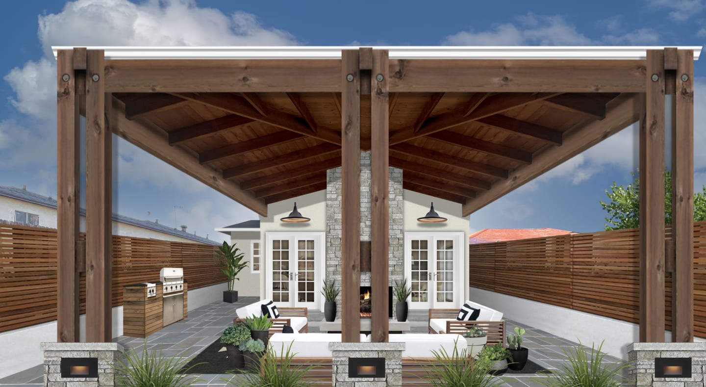 Rendering of a backyard featuring a large covered patio