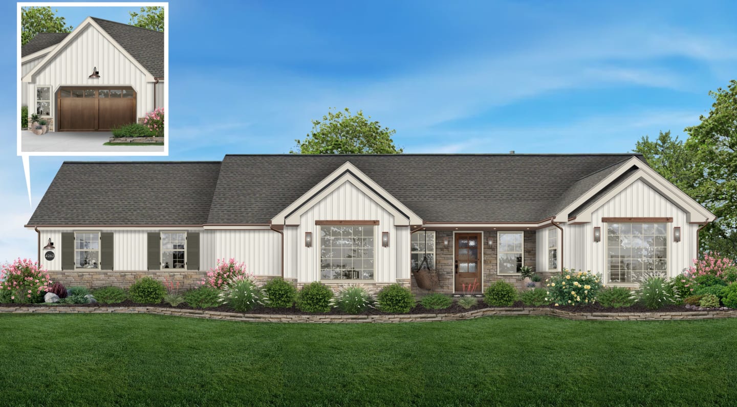 A virtual rendering of a house with white siding by brick&batten.
