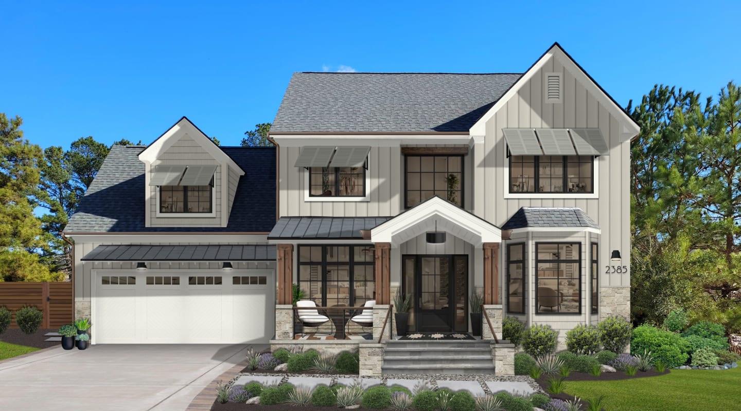 A modern farmhouse style home with vertical siding rendered in Benjamin Moore's Edgecomb Gray