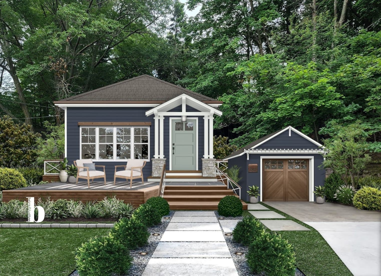 cottage home design with white trim, wood accents, detached garage, and porch