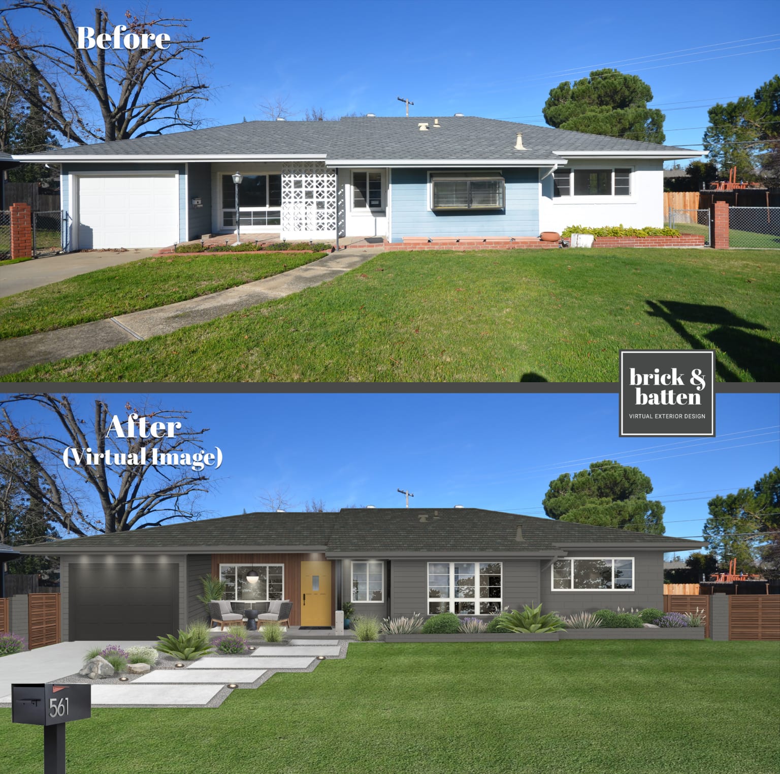 before and after rendering showing house flipper design ideas