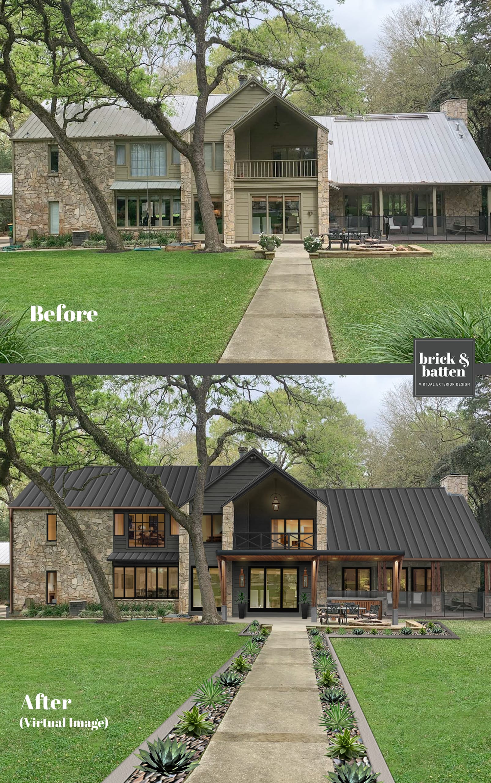 A before and after of a back of home with new roof