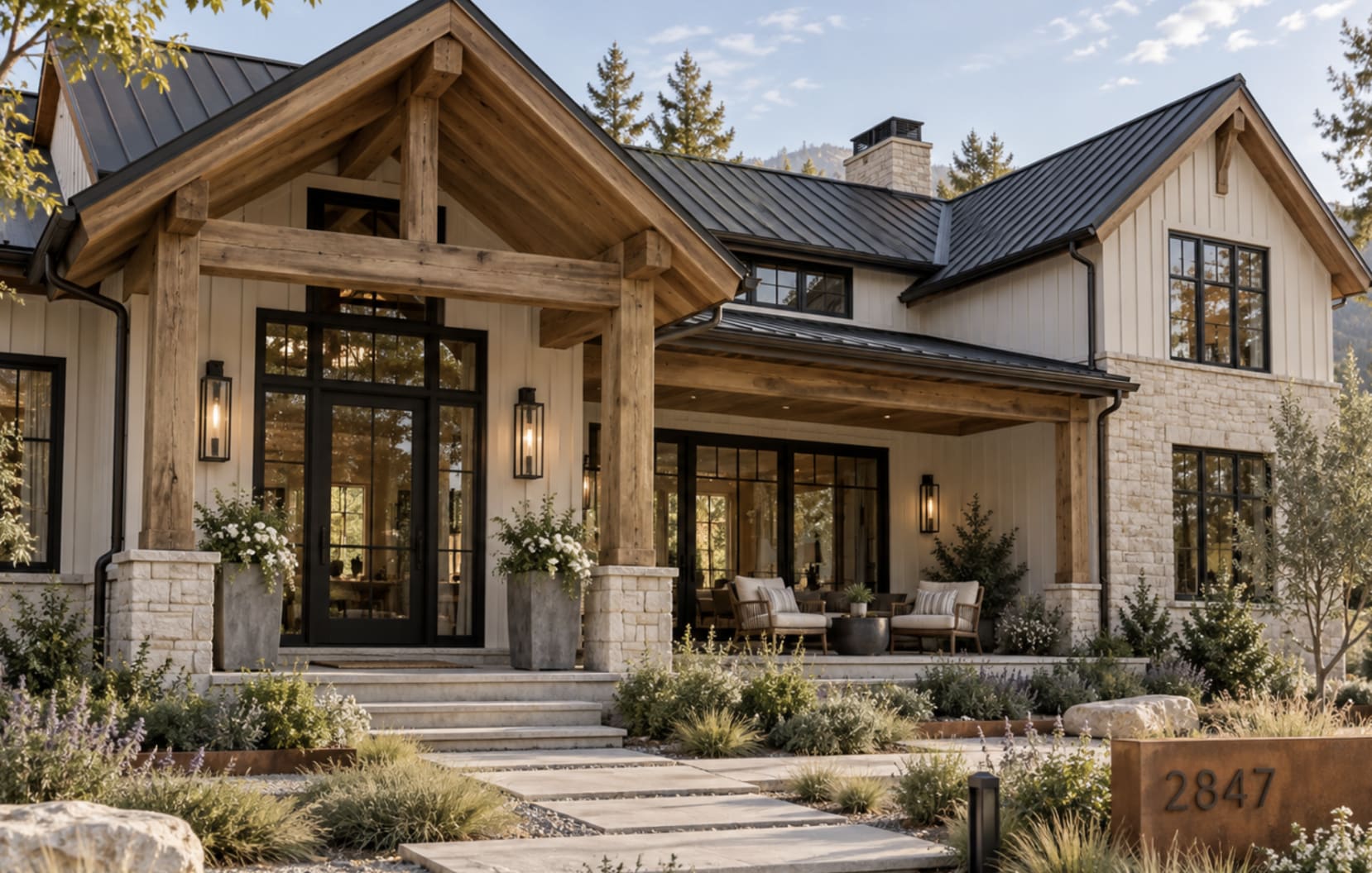 A modern farmhouse with natural stone and wood elements.