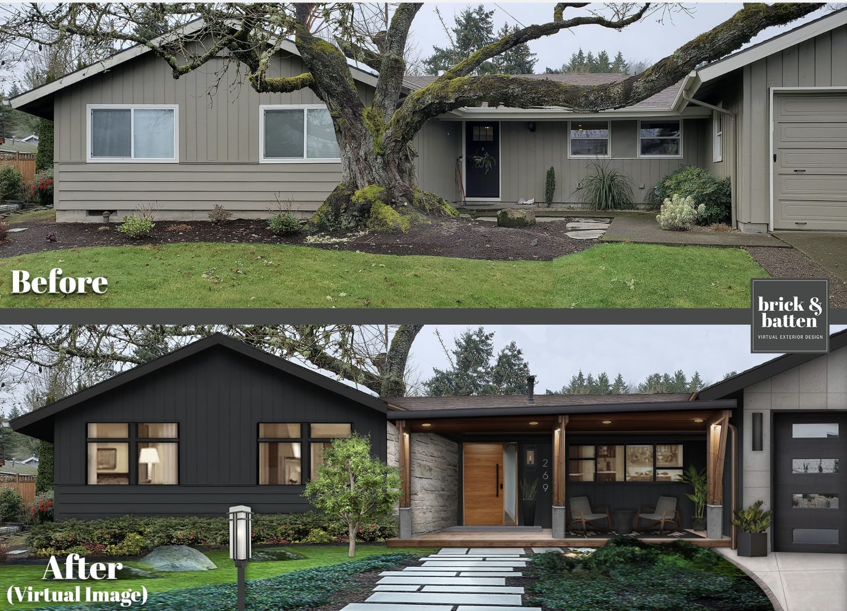 A rendering of a home exterior featuring one of brick&batten's favorite front door ideas