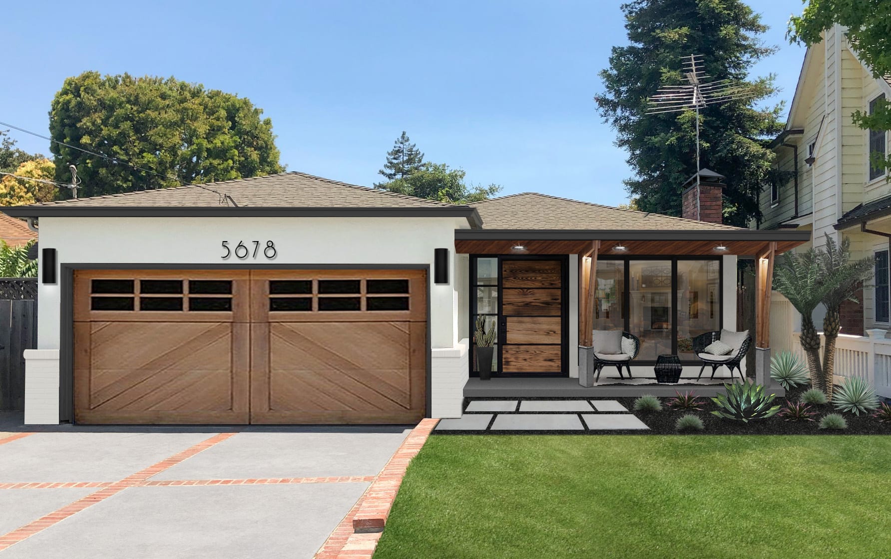 A rendering of a home exterior featuring one of brick&batten's favorite front door ideas