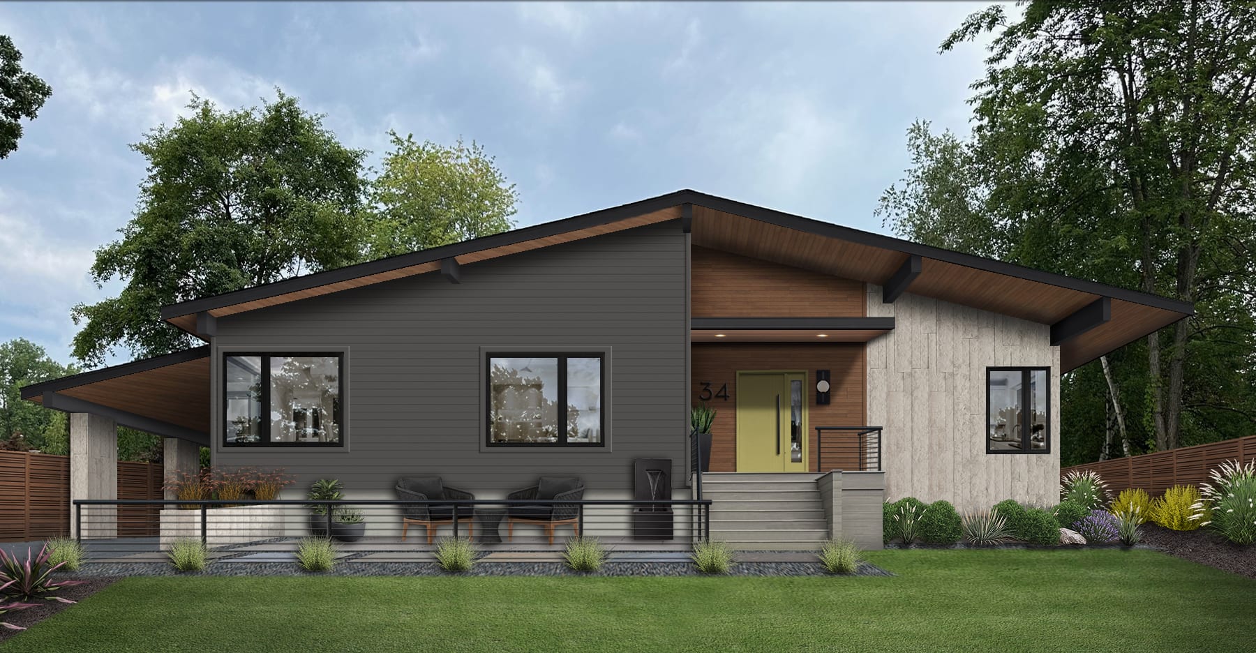 mid-century modern house with wood entrance cladding, Wasabi color door, and iron railing