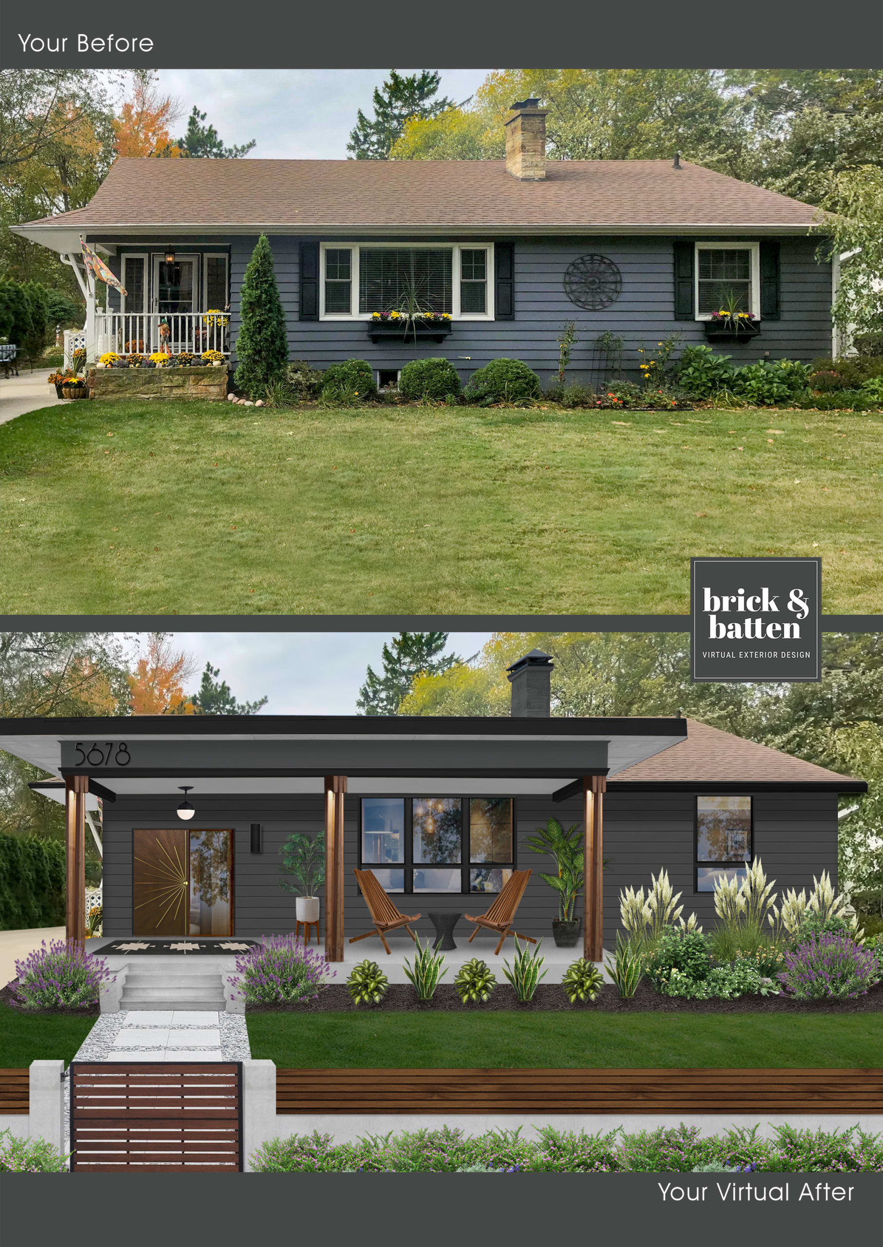 A rendering of a home exterior featuring one of brick&batten's favorite front door ideas