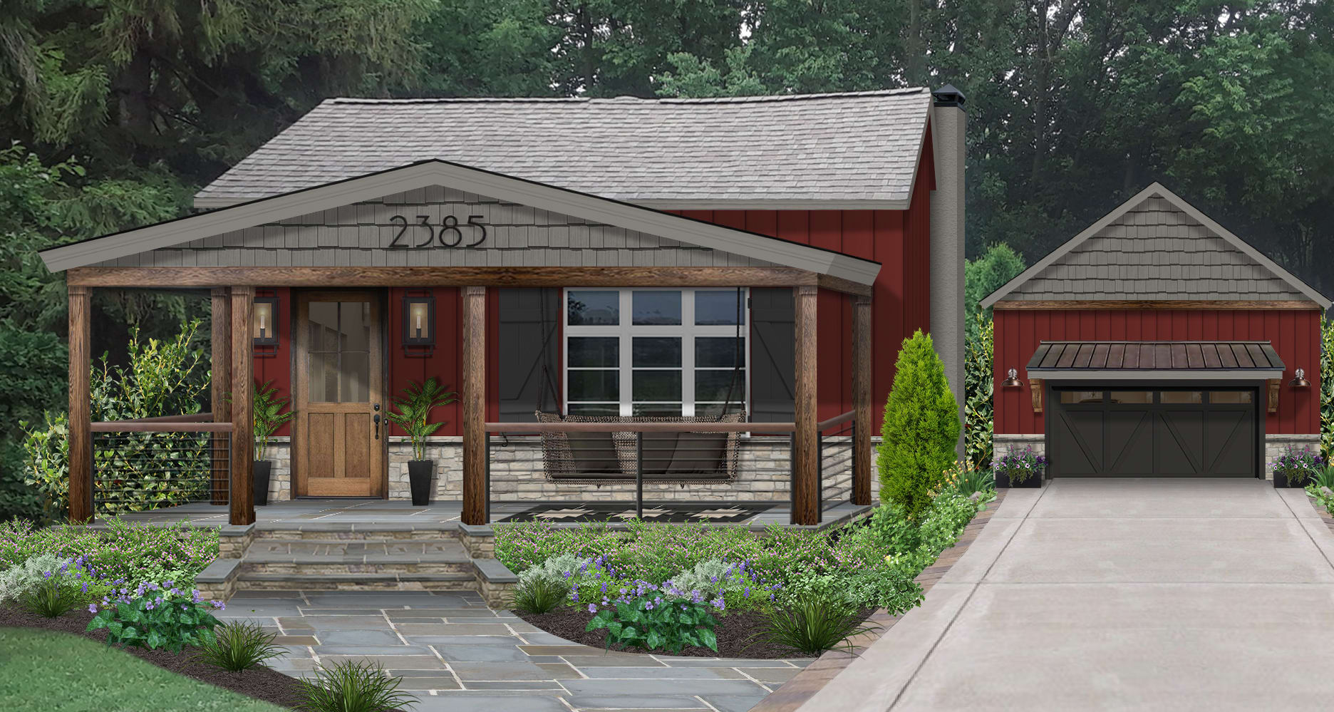 small shake cottage painted in a dark red with olive green and wood accents and a separate garage