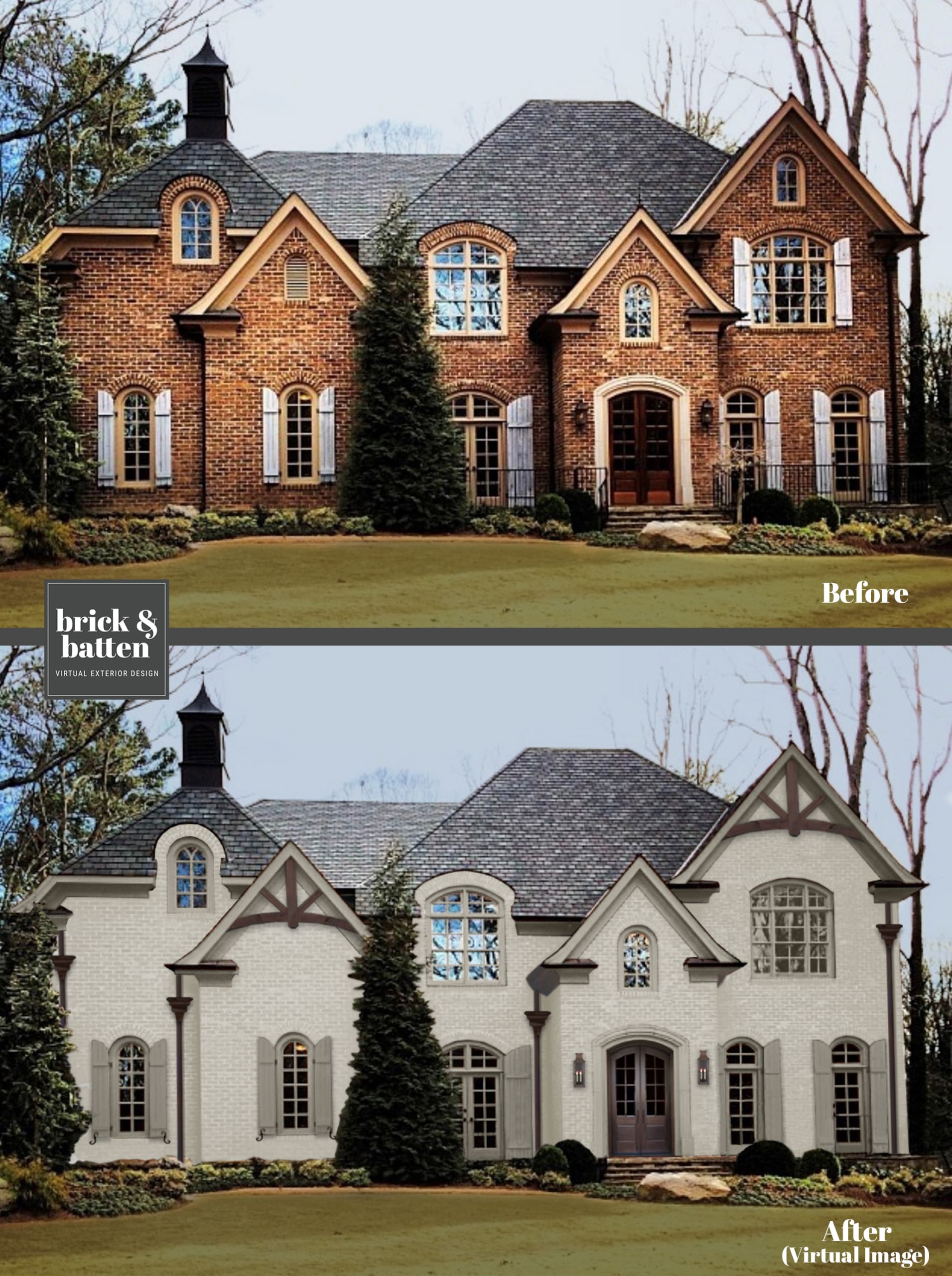 A rendering of a home exterior featuring one of brick&batten's favorite front door ideas