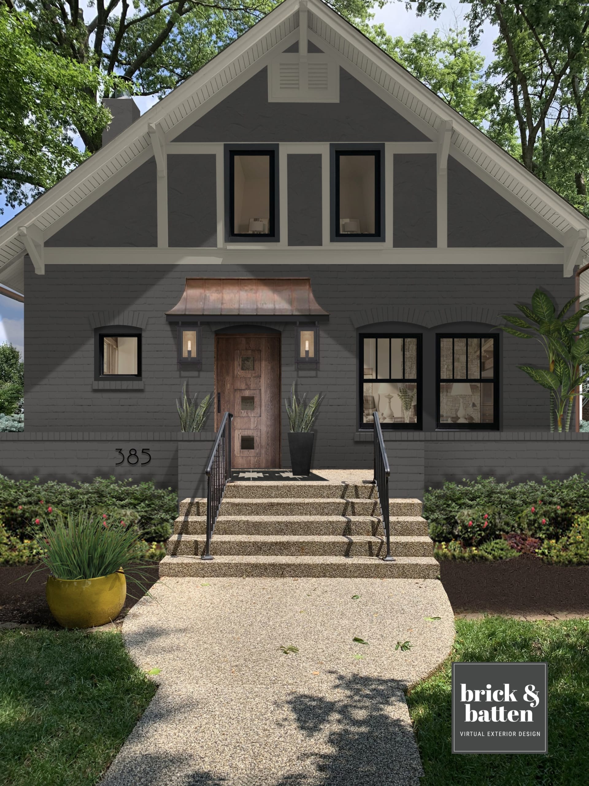 A rendering of a home exterior featuring one of brick&batten's favorite front door ideas