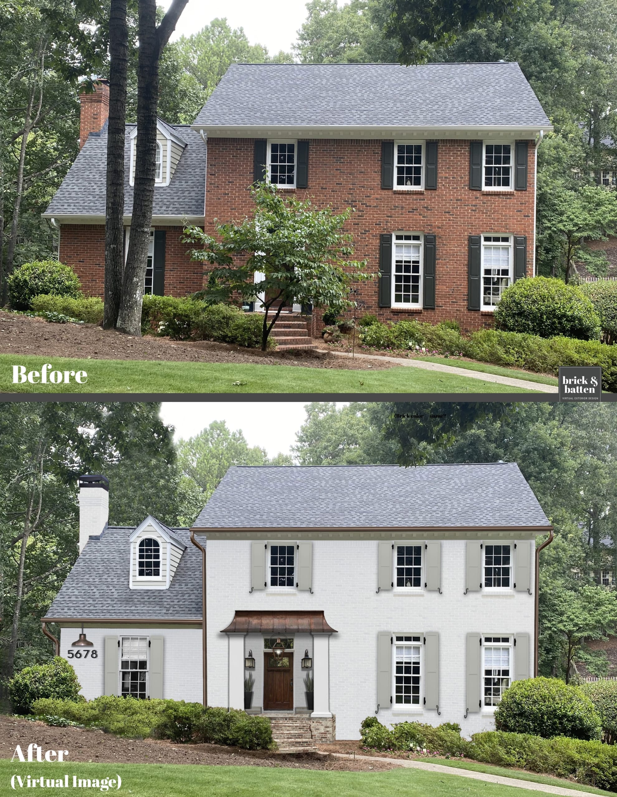 Before and after of a home with painted brick
