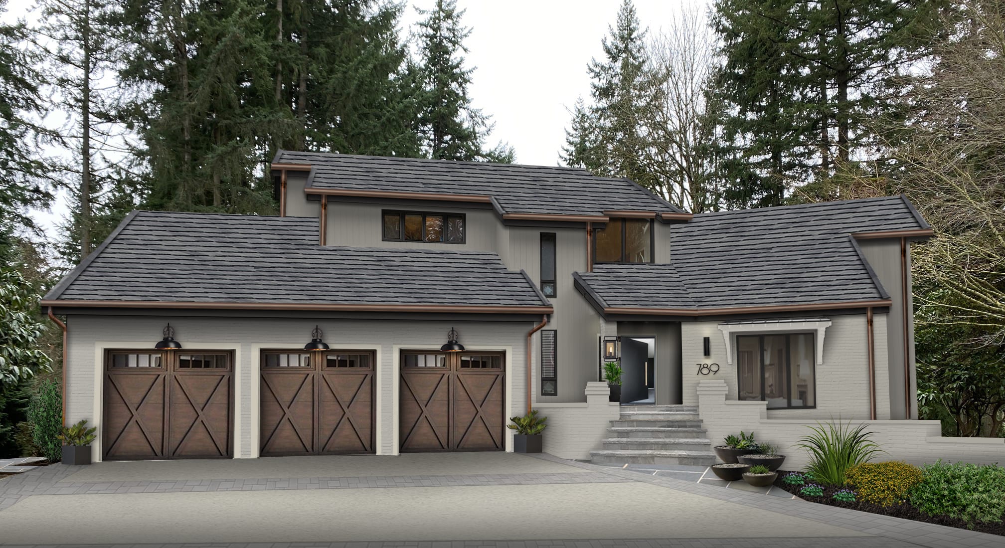 A rendering of a home exterior featuring one of brick&batten's favorite front door ideas
