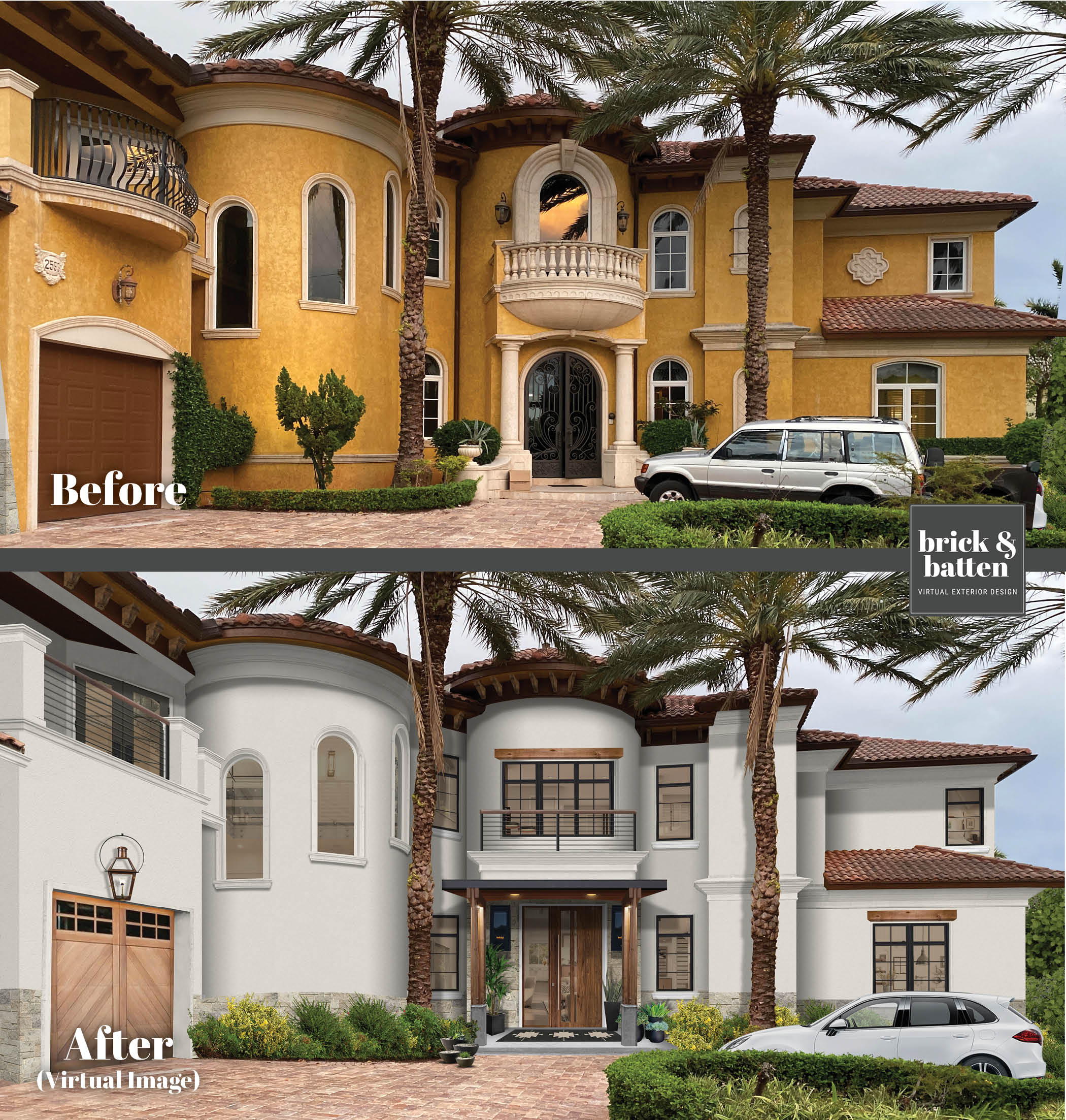 A rendering of a home exterior featuring one of brick&batten's favorite front door ideas