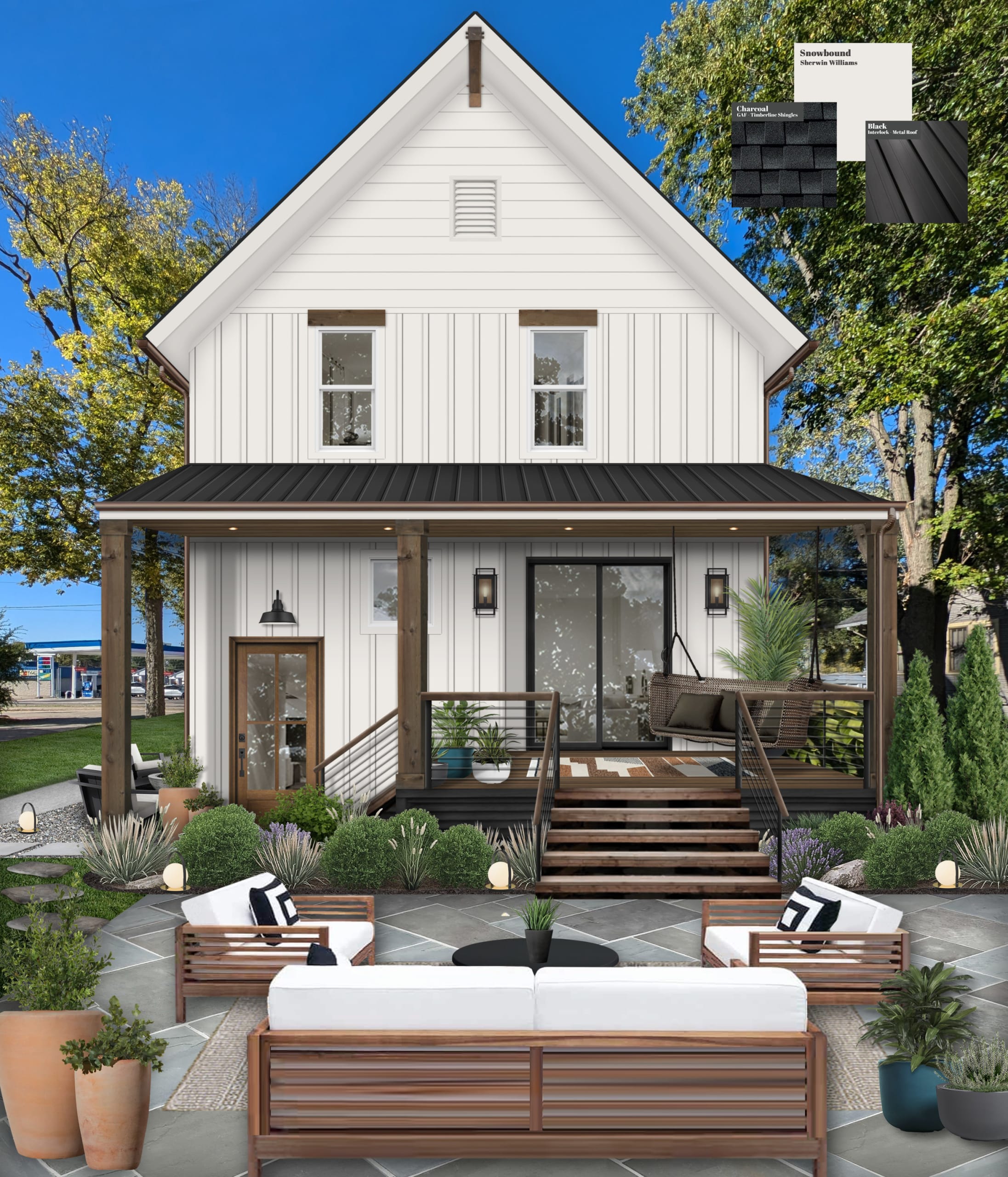Small, cozy backyard with porch swing and couches around fire pit.