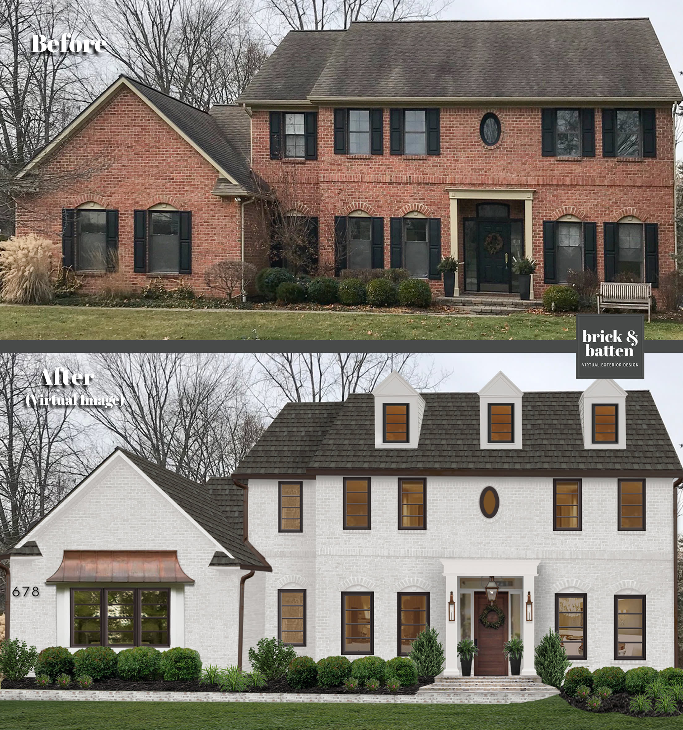 A before and after of a red brick home painted with Revere Pewter by Benjamin Moore