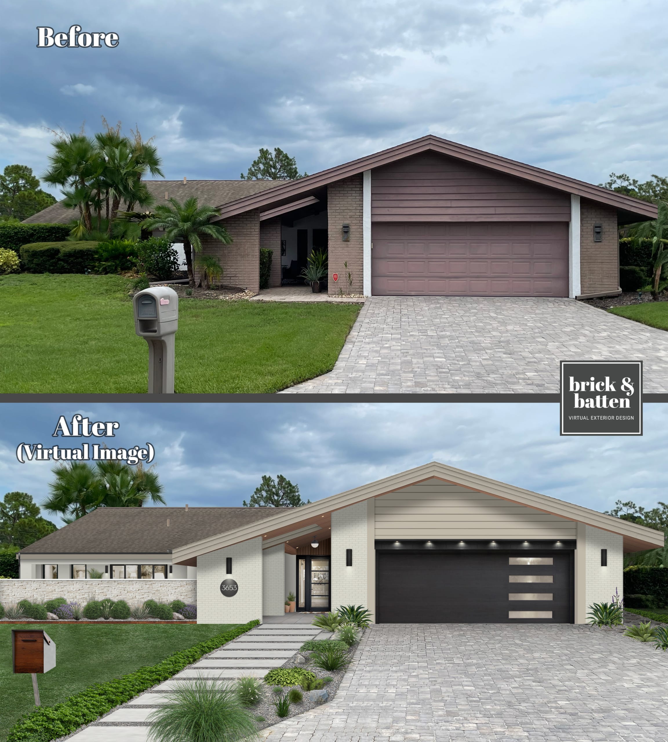 A before and after of a home using an exterior renovation secret: update your garage door!