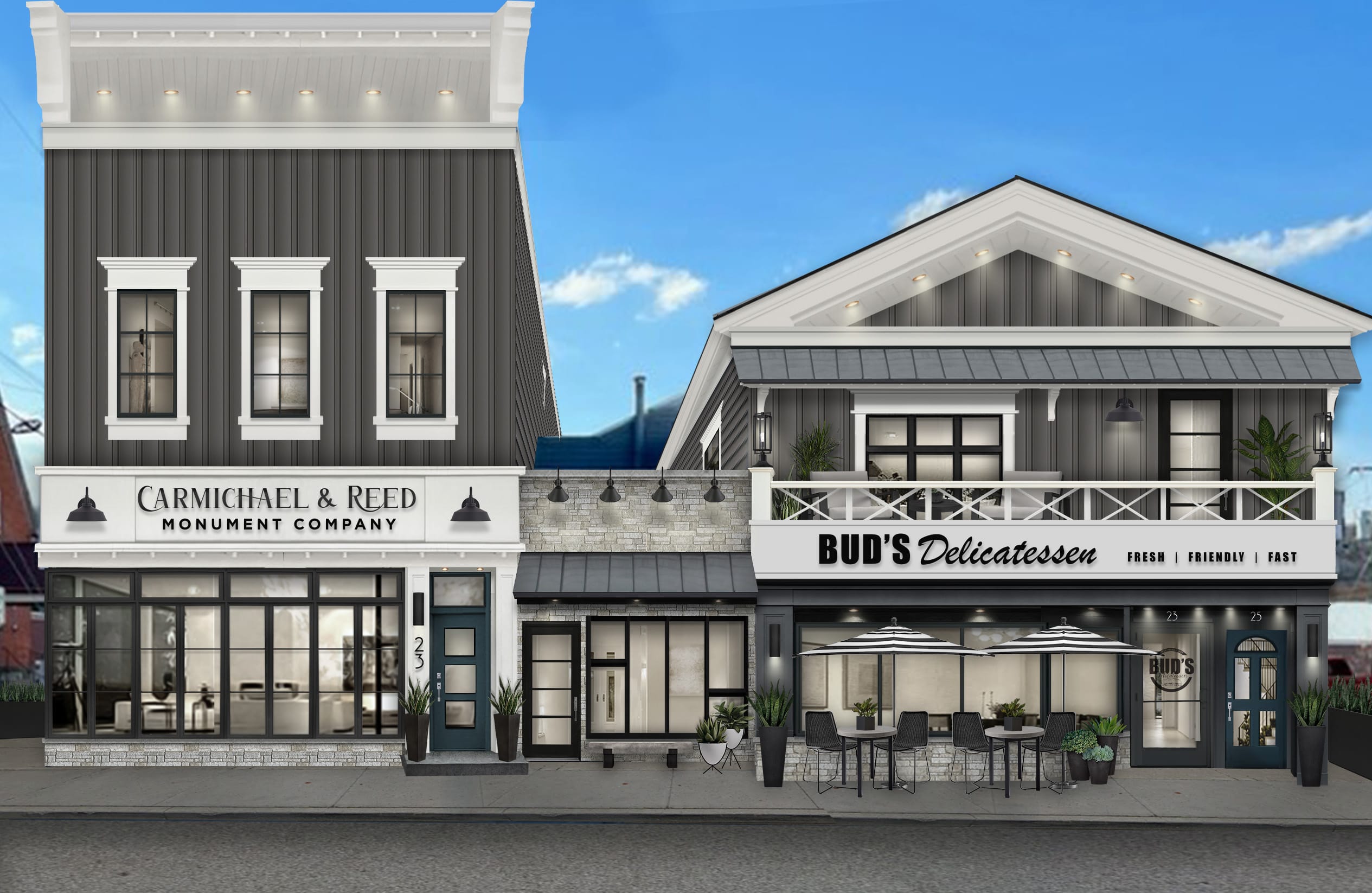 The virtual exterior design created by brick&batten for both businesses.