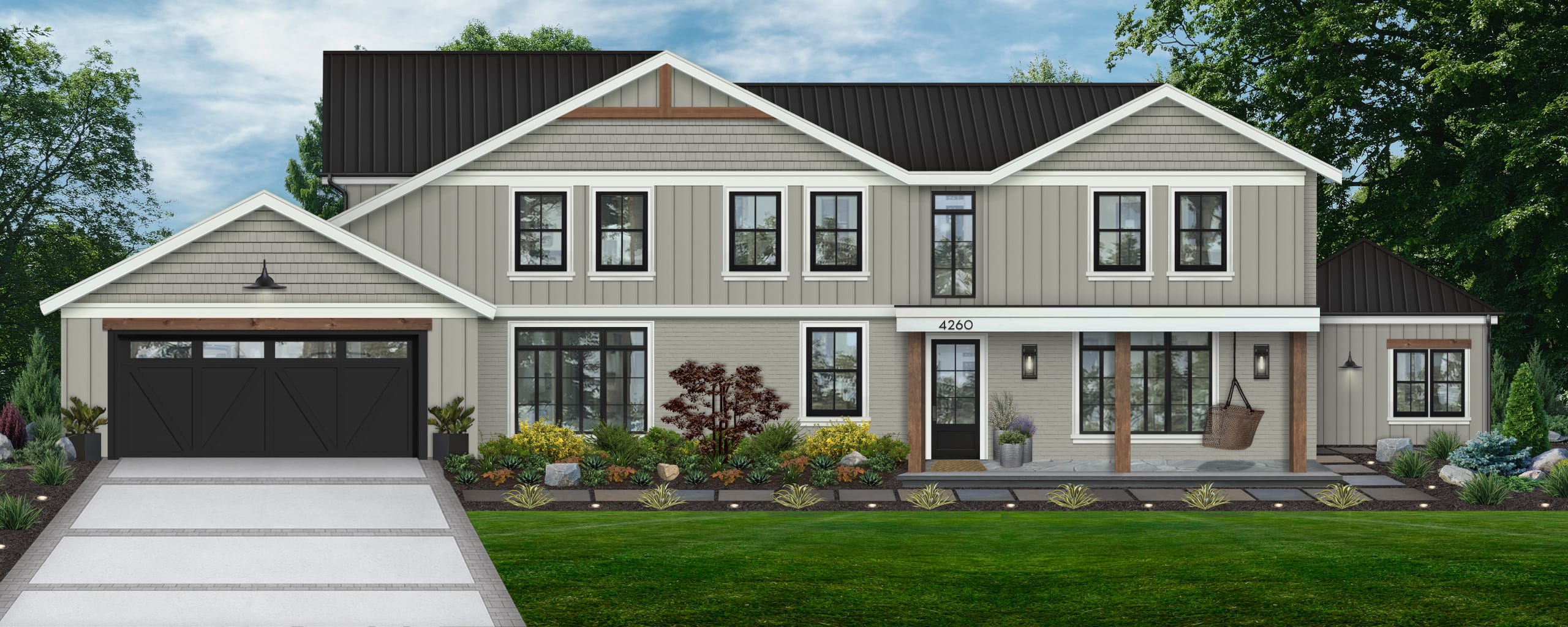 A virtual design of a farmhouse home.