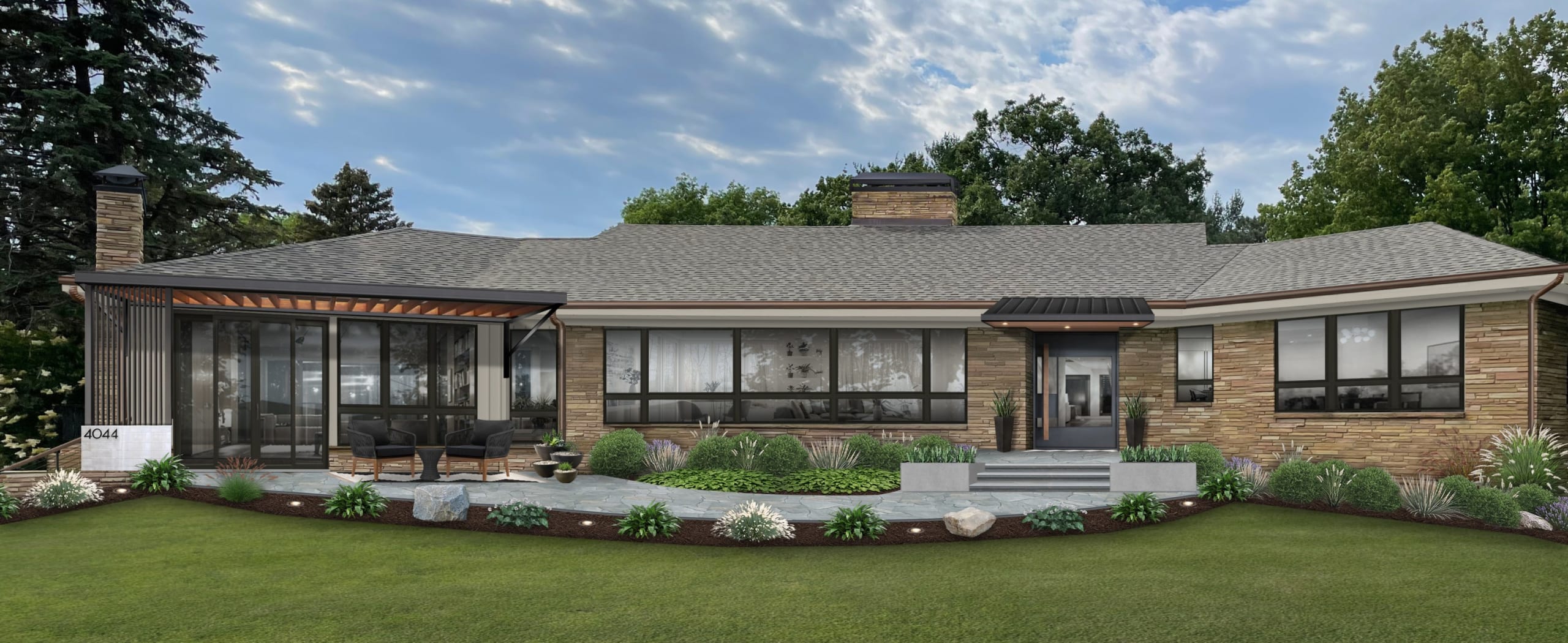 Pergolas in the front of a home, designed by brick&batten.