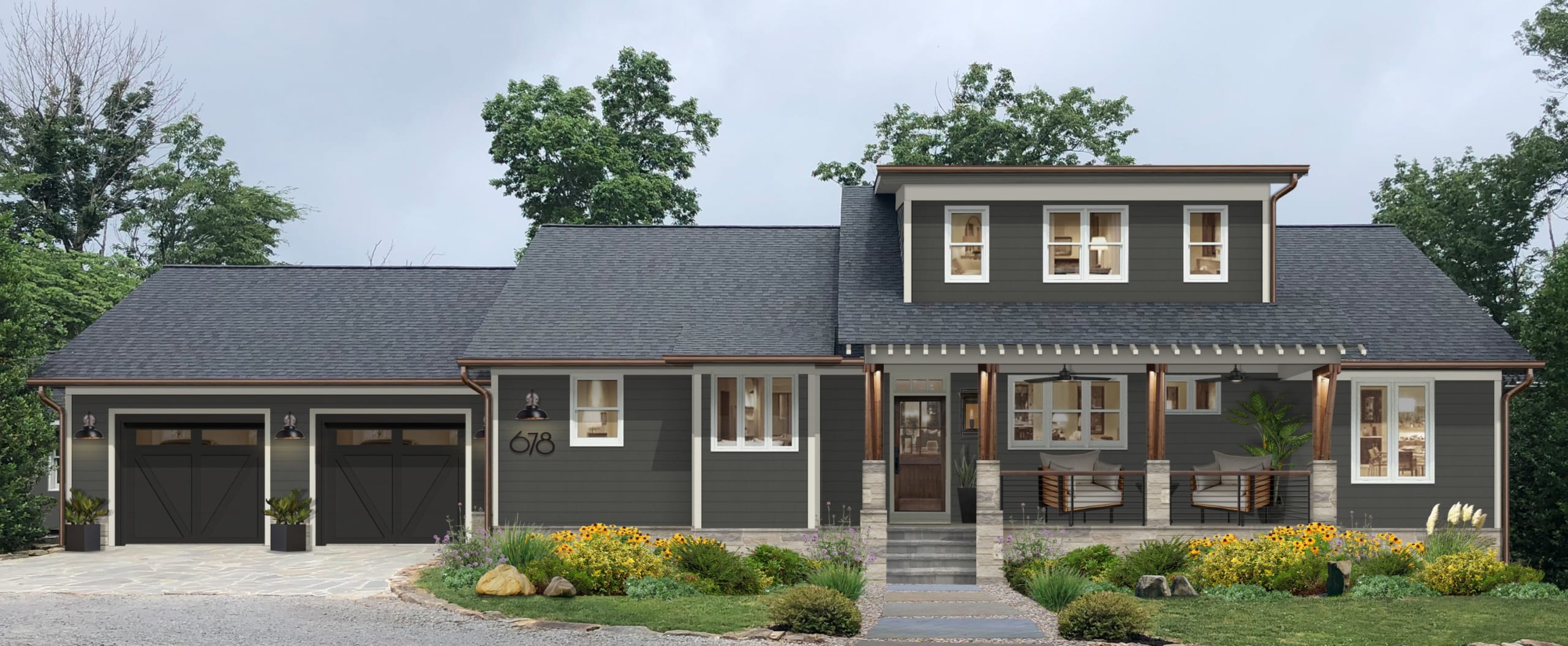 transitional home painted in deep river and pale oak accents with stone and wood accents