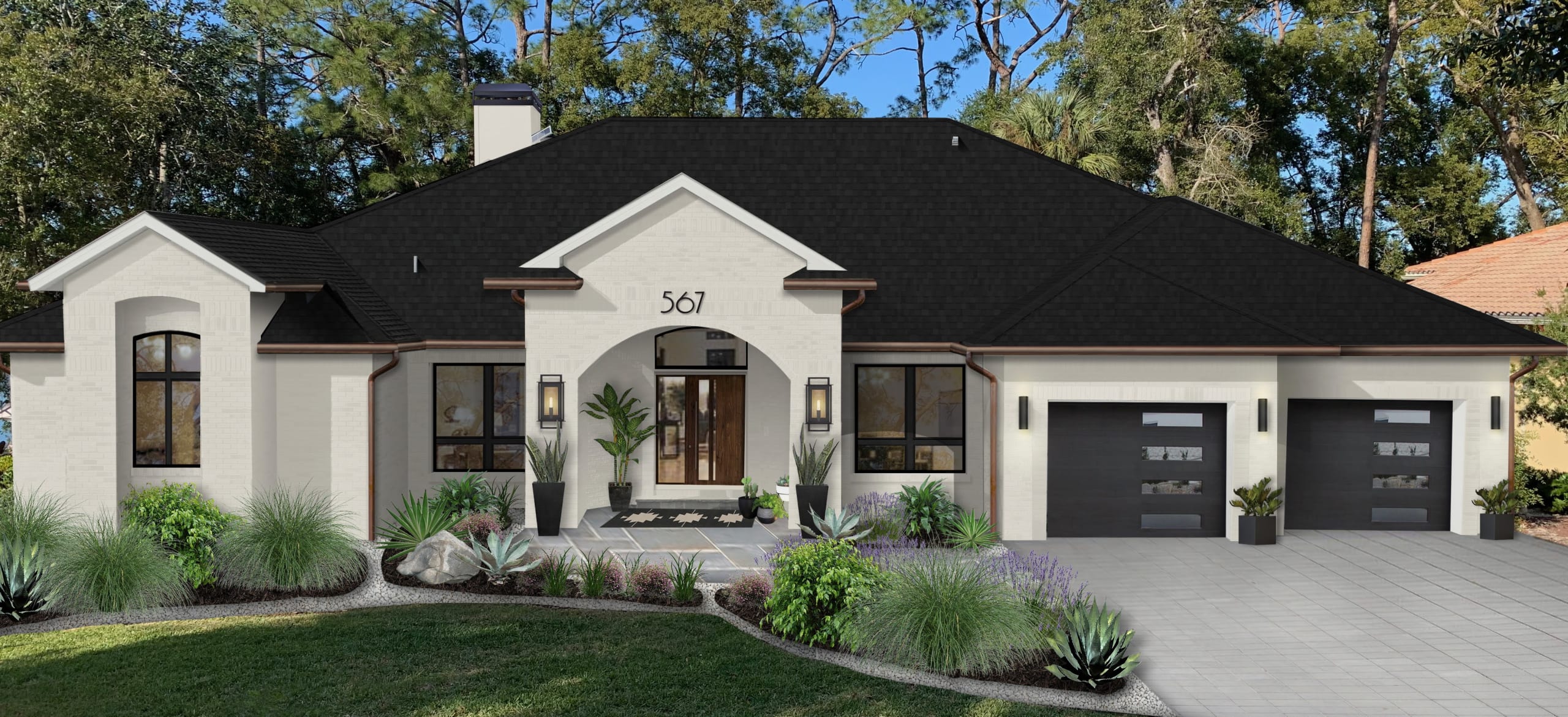 After photo of a home with a brick&batten virtual exterior transformation.